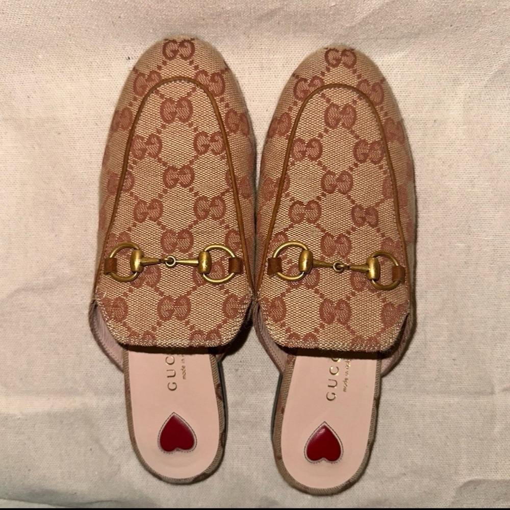 Authentic Gucci Shoes Women Brown Beige GG Princetown Mule Slip on Shoes Size 5